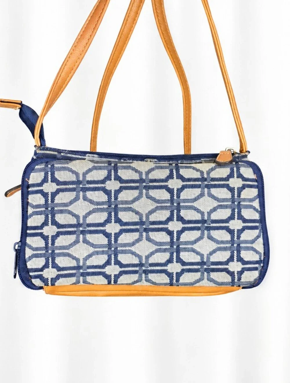 👜 Navy Cream Geometric Print Organizer Crossbody Bag Cognac Trim Multi Pocket